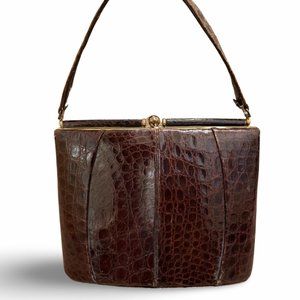Vintage LEON Brown Leather Crocodile Clutch Handbag